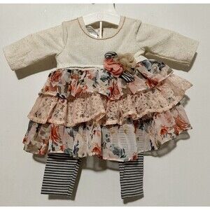 Bonnie Baby 2 Piece Floral Ruffle Top With Stripe Leggings Size 3-6 Months